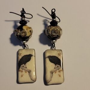 Black and Cream Crow Earrings